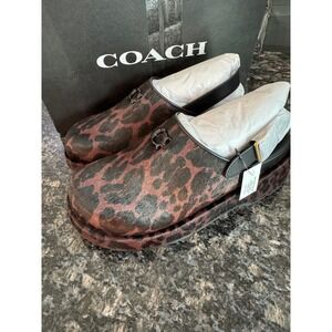 Coach Women Leopard Print Calf Hair Platform Clogs Slingback Brown Black Size 8